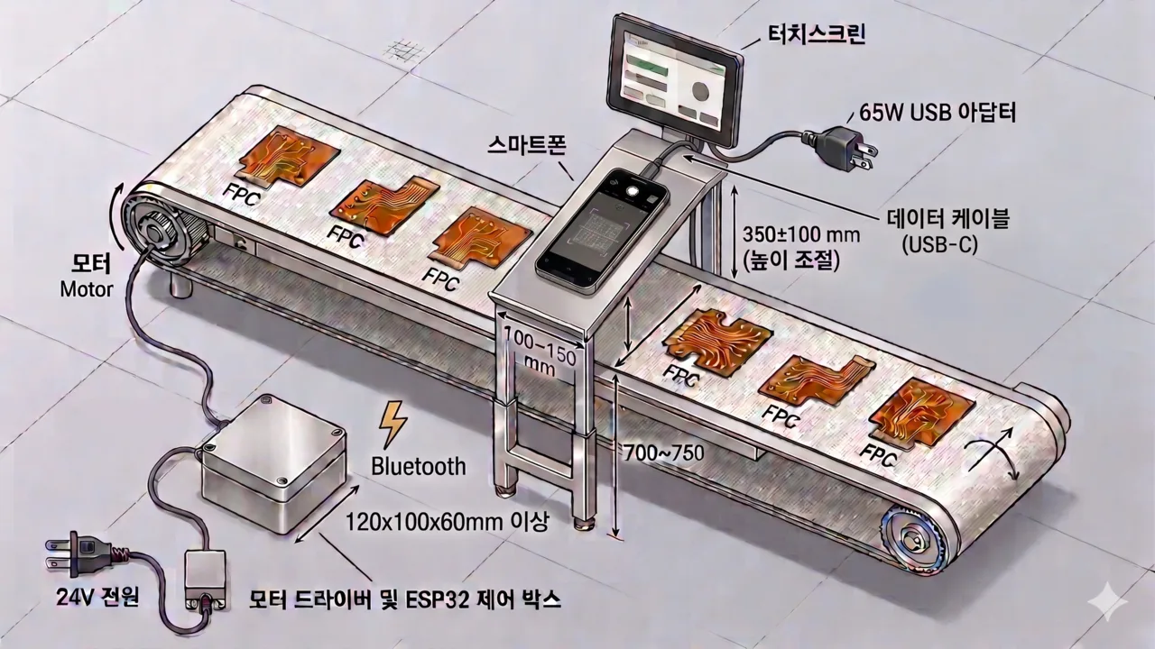 FPC AI 컨베이어 시스템 구성도 — 스마트폰, 컨베이어, ESP32 모터 드라이버