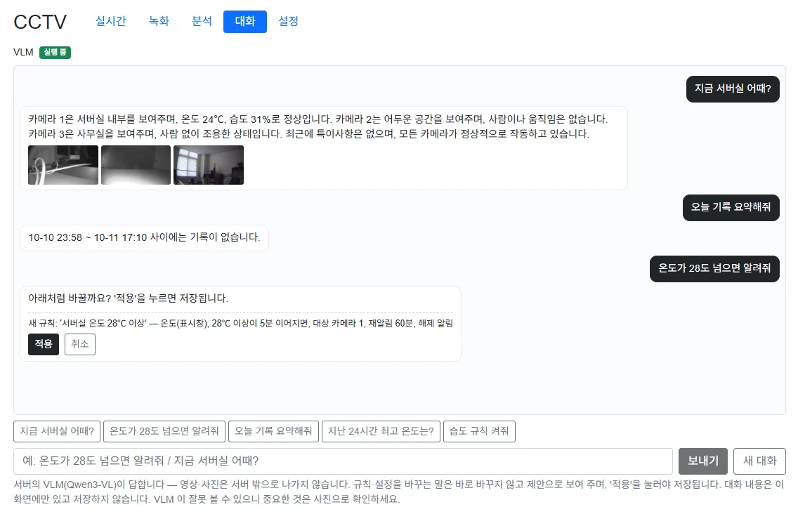 HawkAI CCTV — 실시간 카메라 3대, 대화형 에이전트의 답과 규칙 제안, 표시창 온습도 판독과 분석 기록 (2/3)